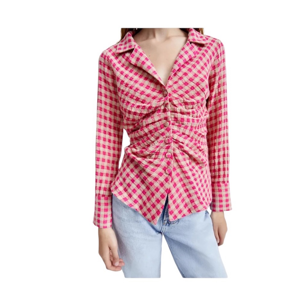 Zara Pink Checkered Button Down Ruched Plaid Blouse Shirt Sz XS NWT
